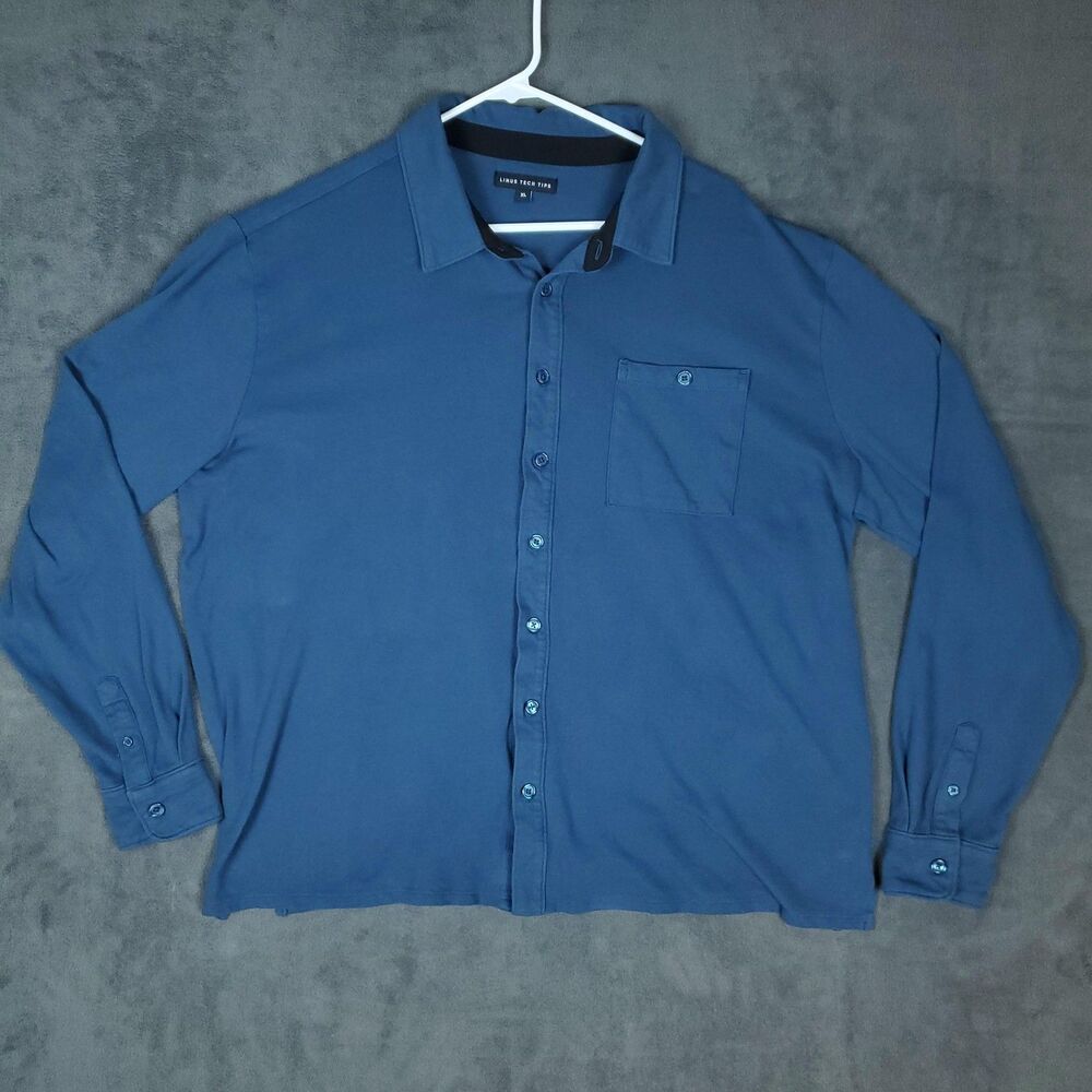Linus Tech Tips Shirt Mens XL Blue Solid Long Sleeve Button Up Stretch Casual